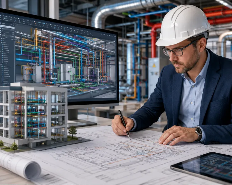 Инженер работает над разделом ИОС проекта здания с BIM-моделью инженерных систем
