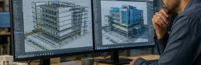 Инженер работает с 3D-моделем здания